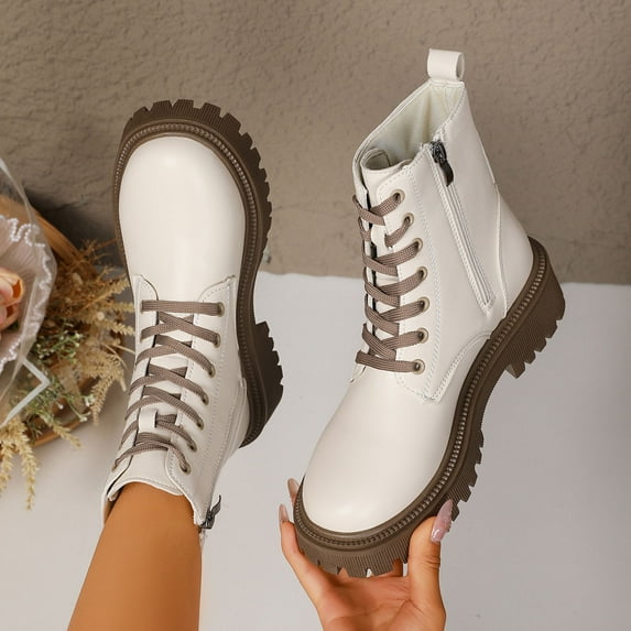 Viluyesy Combat Boots for Womens, Thick Sole Lace-Up Zipper Round Toe Comfort Mid Calf Moto Boots White