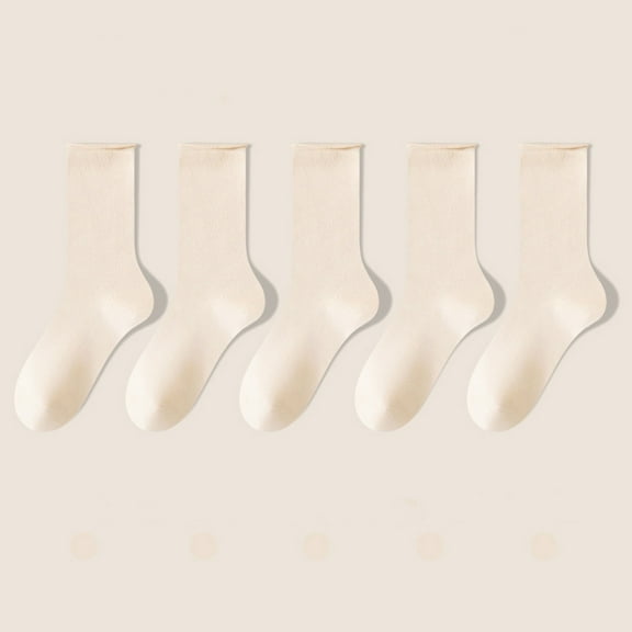 Viluyesy Crew Socks for Womens, Breathable Cotton Solid Stretch Mid-Tube Casual Basic Socks 5-Pack Beige
