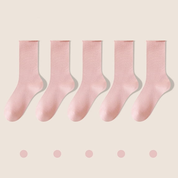 Viluyesy Crew Socks for Womens, Solid Stretch Breathable Cotton Mid-Tube Casual Basic Socks 5-Pack Pink