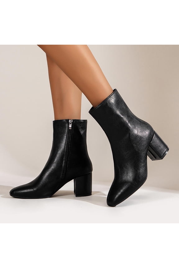 Dress Boots for Womens, Side Zipper Block Heels Pointed Toe Fashion Mid-Calf Boots Black