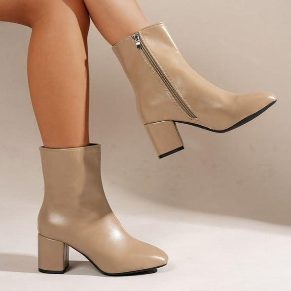 Viluyesy Dress Boots for Womens, Side Zipper Block Heels Pointed Toe Fashion Mid-Calf Boots Khaki
