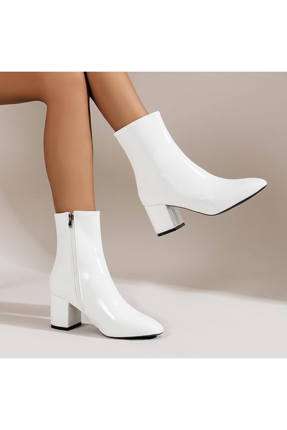 Dress Boots for Womens, Side Zipper Pointed Toe Block Heels Fashion Mid-Calf Boots White