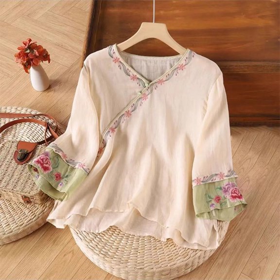 Viluyesy Embroidery 3/4 Sleeves T-Shirt Women Round Neck Button Shirt Tops Cardigan Button Cotton Loose Blouse Beige Size XL