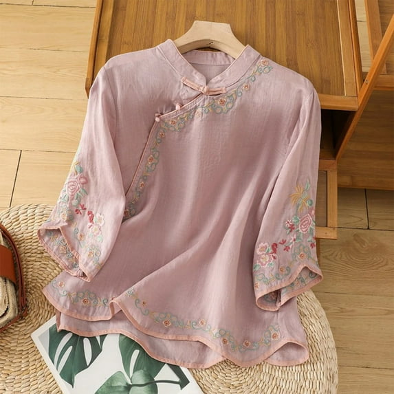 Viluyesy Embroidery 3/4 Sleeves T-Shirt Women Round Neck Button Shirt Tops Cardigan Button Cotton Loose Blouse Purple Size XL