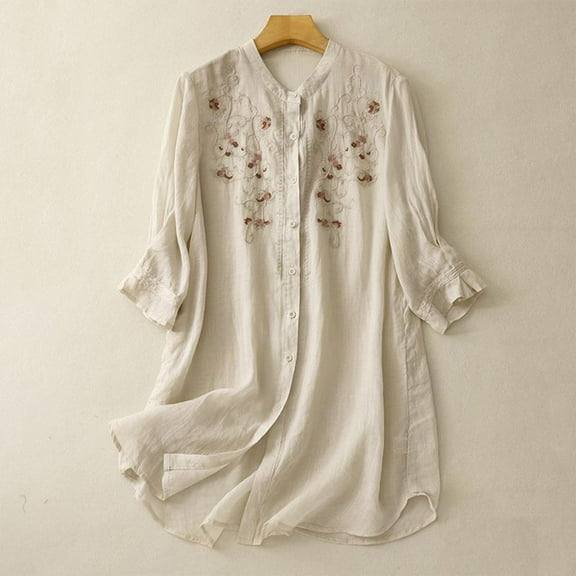 Viluyesy Embroidery 3/4 Sleeves T-Shirt Women Round Neck Shirt Tops Relaxed Cotton Loose Blouse Beige Size L