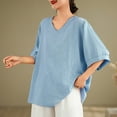 thumbnail image 1 of Viluyesy Embroidery 3/4 Sleeves T-Shirt Women Round Neck Shirt Tops Relaxed Cotton Loose Blouse Blue Size M, 1 of 4