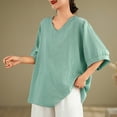 thumbnail image 1 of Viluyesy Embroidery 3/4 Sleeves T-Shirt Women Round Neck Shirt Tops Relaxed Cotton Loose Blouse Green Size L, 1 of 4