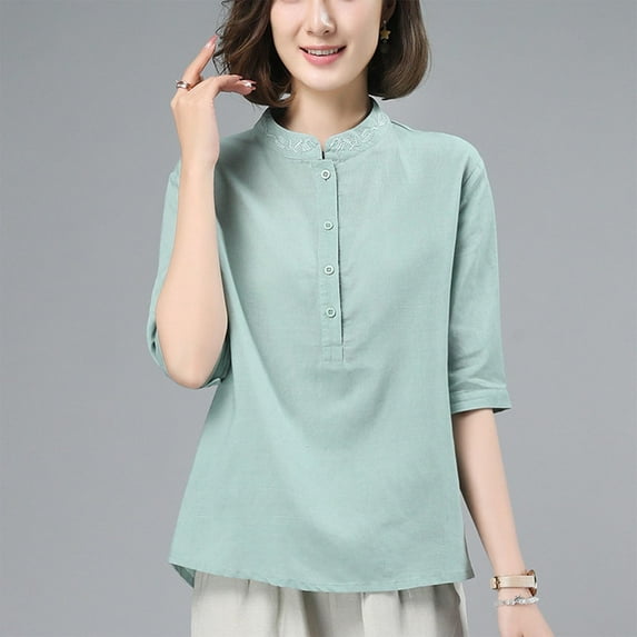 Viluyesy Embroidery 3/4 Sleeves T-Shirt Women Round Neck Shirt Tops Relaxed Cotton Loose Blouse Green Size XL