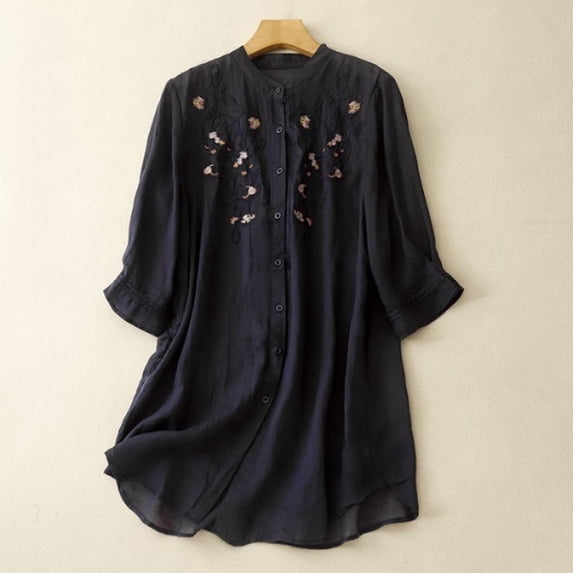 Viluyesy Embroidery 3/4 Sleeves T-Shirt Women Round Neck Shirt Tops Relaxed Cotton Loose Blouse Navy Size L