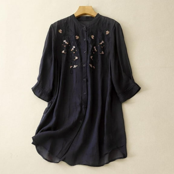 Viluyesy Embroidery 3/4 Sleeves T-Shirt Women Round Neck Shirt Tops Relaxed Cotton Loose Blouse Navy Size L