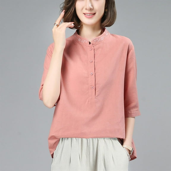 Viluyesy Embroidery 3/4 Sleeves T-Shirt Women Round Neck Shirt Tops Relaxed Cotton Loose Blouse Pink Size 2XL