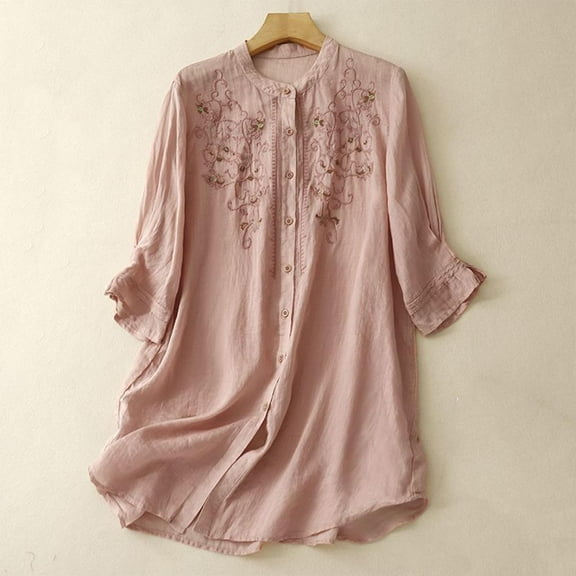 Viluyesy Embroidery 3/4 Sleeves T-Shirt Women Round Neck Shirt Tops Relaxed Cotton Loose Blouse Pink Size M