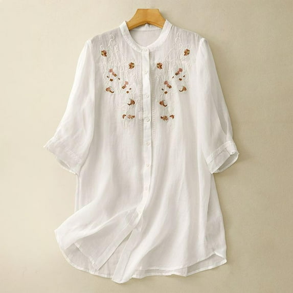 Viluyesy Embroidery 3/4 Sleeves T-Shirt Women Round Neck Shirt Tops Relaxed Cotton Loose Blouse White Size L