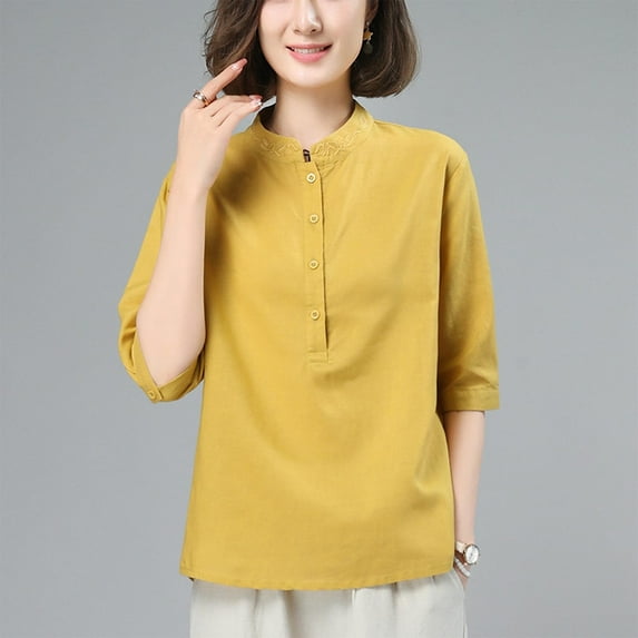 Viluyesy Embroidery 3/4 Sleeves T-Shirt Women Round Neck Shirt Tops Relaxed Cotton Loose Blouse Yellow Size XL