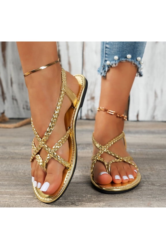 Falt Shoes for Womens, Comfortable Clip Toe Wide Width Summer Casual Beach Sandals Gold US7.5