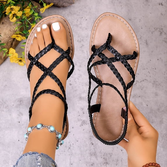 Viluyesy Flat Sandals for Womens, Casual Clip Toe Weave Strappy Comfort Summer Vacation Shoes Black US6.5
