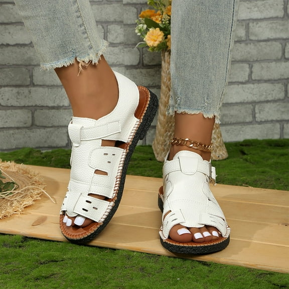 Viluyesy Flat Sandals for Womens, Open Toe Wide Width Solid Color Summer Beach Roman Gladiator Shoes White 9.5