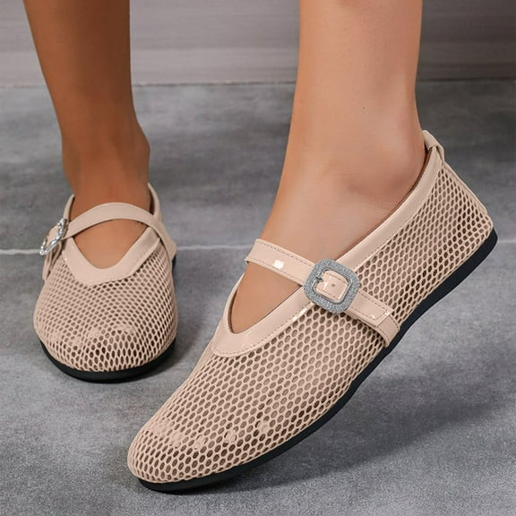 Viluyesy Flat Sandals for Womens, Round Toe Rhinestone Buckle Mesh Breathable Summer New Style Dress Shoes Beige 8