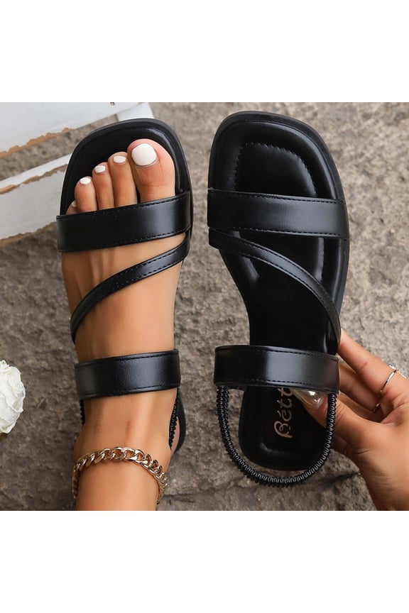 Flat Sandals for Womens, Soft Sole Wide Width Square Toe Summer Casual Beach Shoes Black US5.5