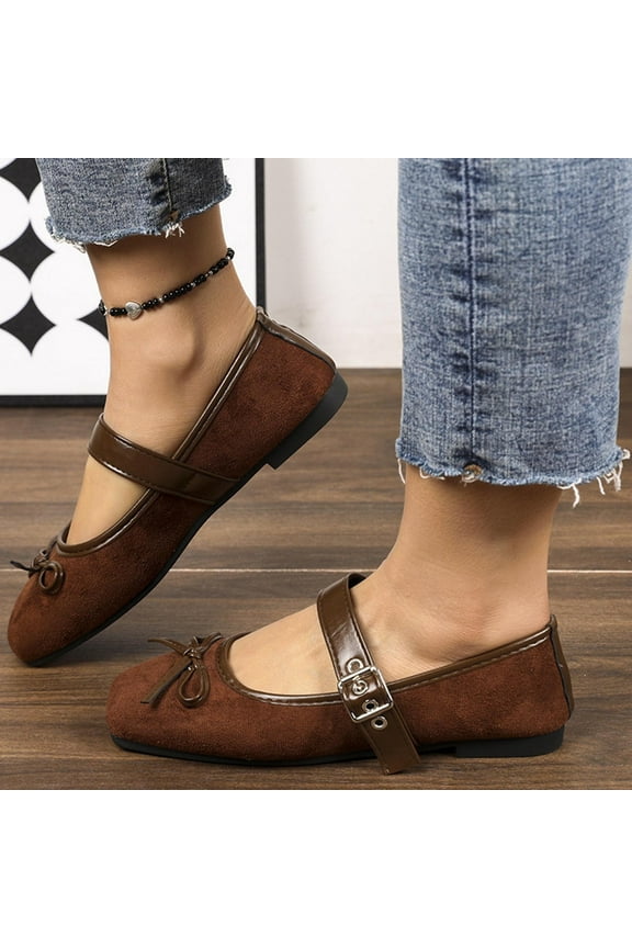 Flats for Womens, Buckle Strap Low Heels Square Toe 2025 Fashion Dressy Shoes Brown