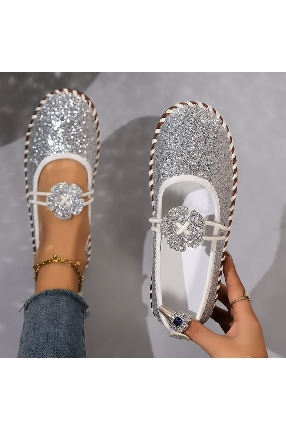 Flats for Womens, Floral Single Band Soft Sole Fashion Sequin 2025 Casual Dress Loafers Shoes Silver