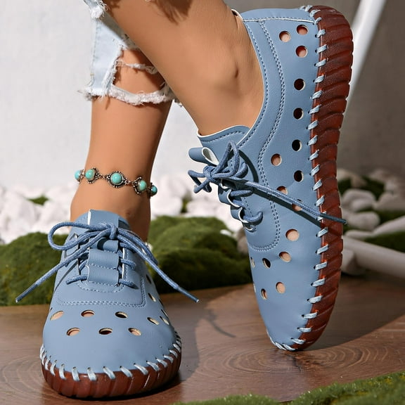 Viluyesy Flats for Womens, Lace-Up Breathable Soft Sole Round Toe Casual Comfortable Walking Sandals Sky Blue