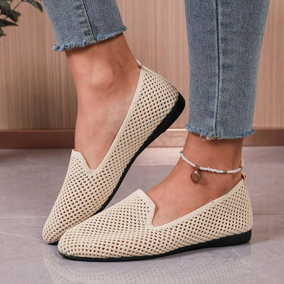 Viluyesy Flats for Womens, Mesh Breathable Slip-On Round Toe Comfortable Beach Loafer Shoes Beige