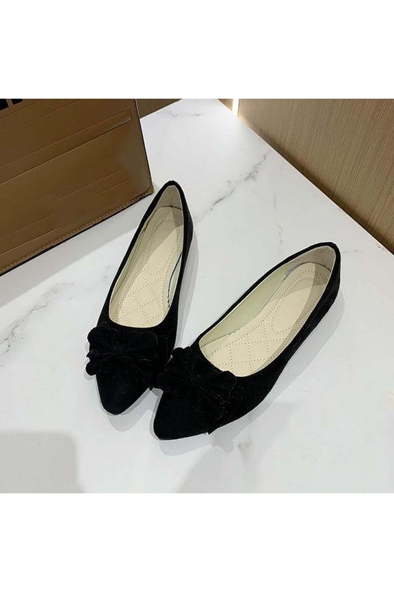 Flats for Womens, Shallow Pointed Toe Suede Bow Spring Summer Ballet Shoes Black