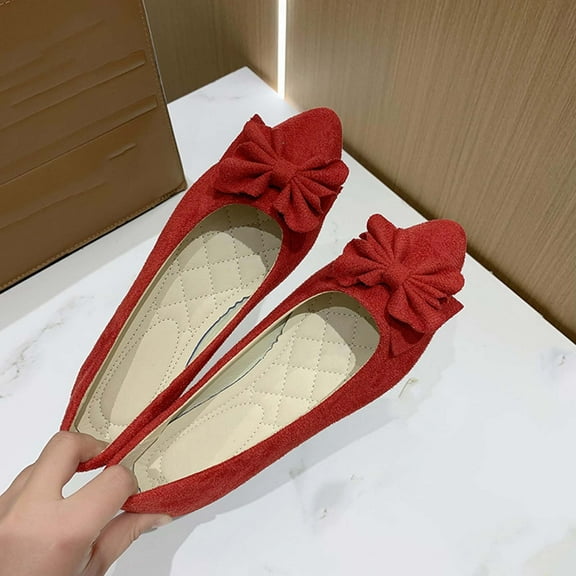 Viluyesy Flats for Womens, Shallow Pointed Toe Suede Bow Spring Summer Ballet Shoes Red