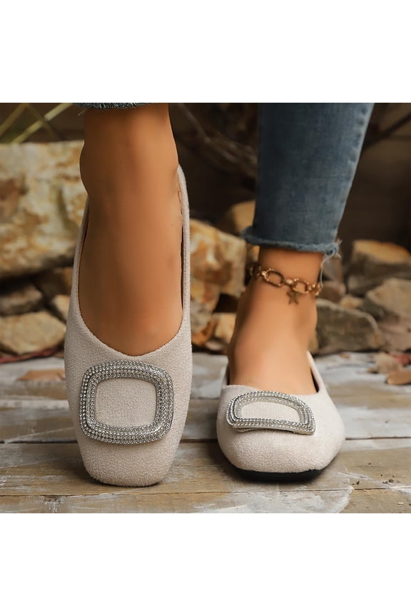 Flats for Womens, Slip-On Soft Sole Square Toe Rhinestone Shallow Dressy Work Office Shoes Beige US7.5