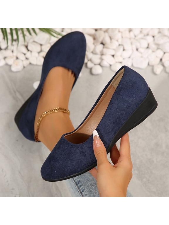 Flats for Womens, Suede Wide Width Round Toe Casual Shallow Comfort Low Heels Shoes Blue