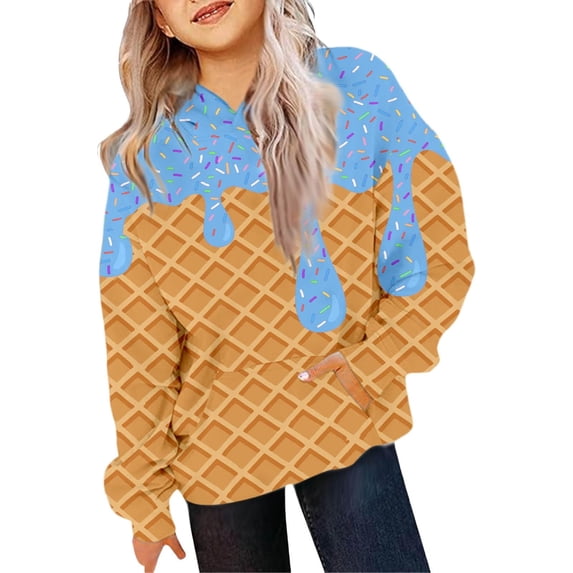 Viluyesy Fleece Hoodies for Girls 7T, Long Sleeve Active Fit Ice Cream Prints Fashion Pullover Clothes Blue(4-14T)