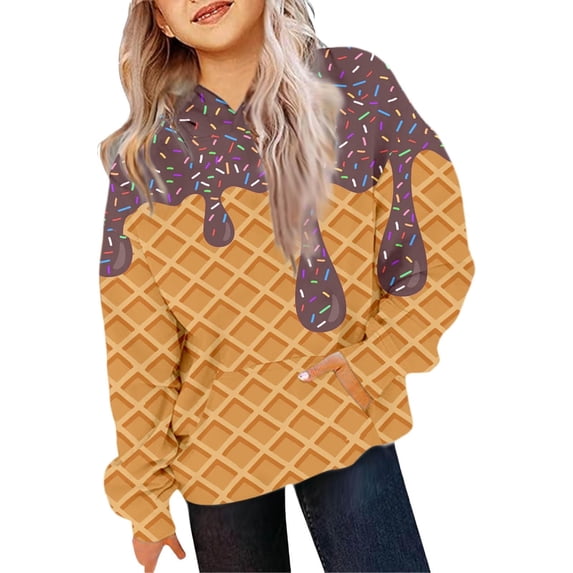 Viluyesy Fleece Hoodies for Girls, Active Fit Ice Cream Prints Long Sleeve Fashion Pullover Clothes Coffee 5T
