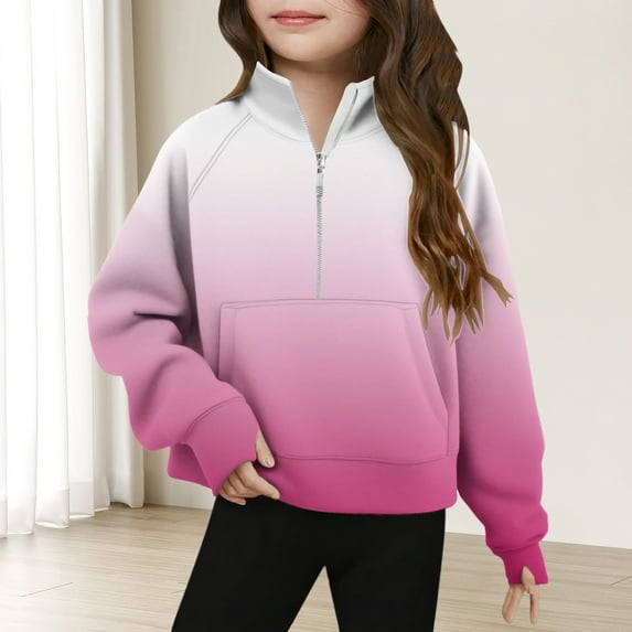 Viluyesy Fleece Sweatshirt for Girls, Long Sleeve Zip-Up Stand-Up Collar Loose Fit Fall Winter Pullover Tops Pink 10-12T