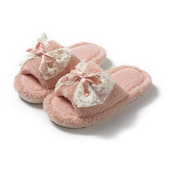 Viluyesy Fuzzy Slippers for Womens, Lace Bow Plush Lined Soft Sole Open Toe Slip-On Bedroom Indoor Shoes Pink