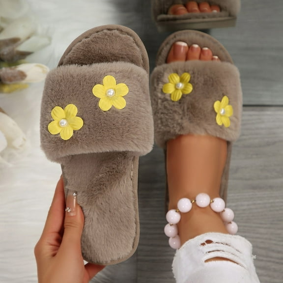 Viluyesy Fuzzy Slippers for Womens, Warm Floral Open Toe Plush Soft Sole Slip-On Cotton House Slippers Khaki