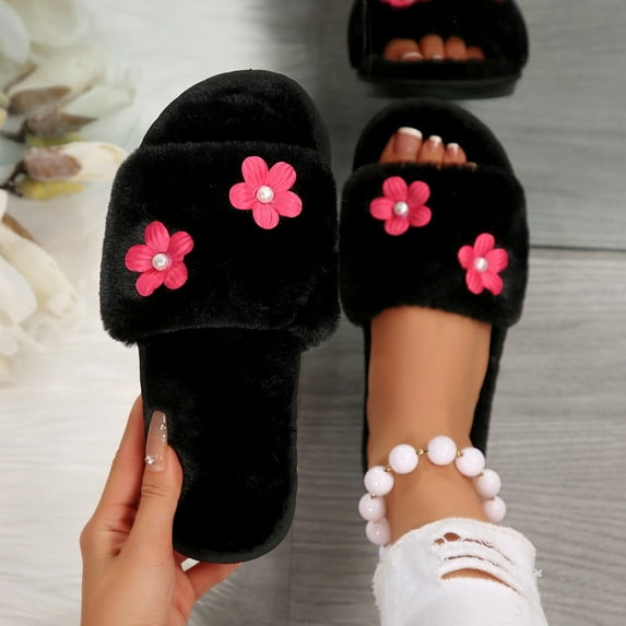 Viluyesy Fuzzy Slippers for Womens, Warm Floral Plush Soft Sole Open Toe Slip-On Cotton House Slippers Black