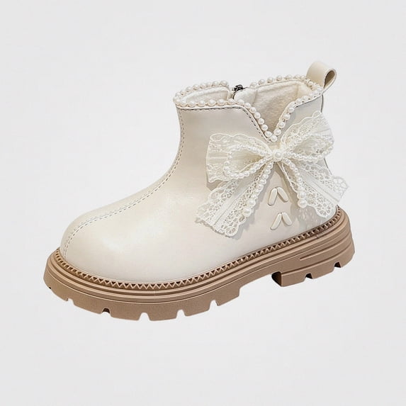 Viluyesy Girls Ankle Boots Lace Pearl Bow Detail Side Zip Platform Lug Sole Dressy Fashion Shoes for Kids Beige Size 2 Big Kids