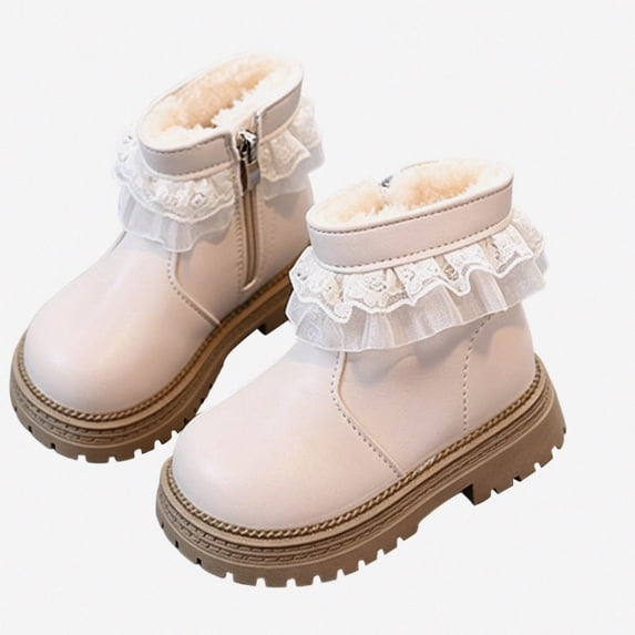 Viluyesy Girls Ankle Boots Lace Ruffle Trim Side Zipper Warm Winter Fashion Walking Shoes Beige Size 8 Toddler