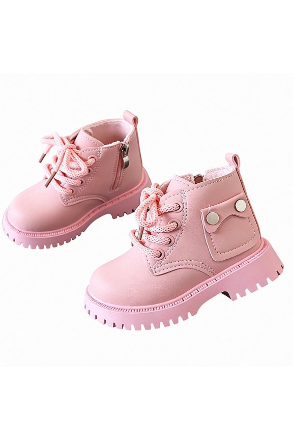 Girls Ankle Boots Pocket Snap Button Detail Lace Up Platform Lug Sole Casual Fashion Walking Shoes Pink Size 11.5 Little Kids