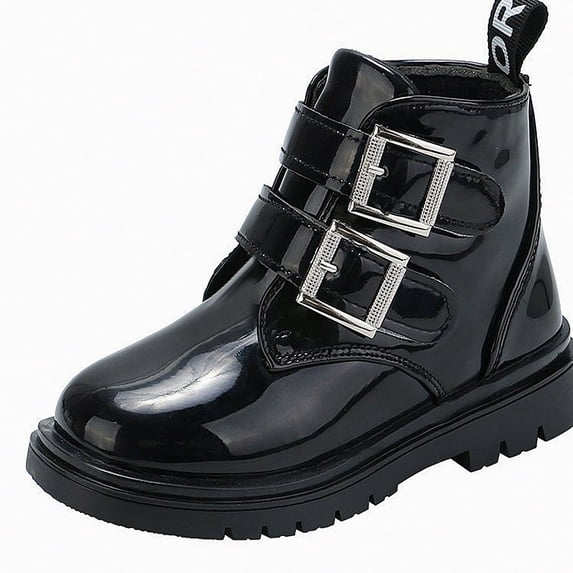 Viluyesy Girls Boots Patent Leather Chunky Non-Slip Double Buckle Comfortable Durable Side Zipper Easy On Off Shoes Black Size 13Little Kids