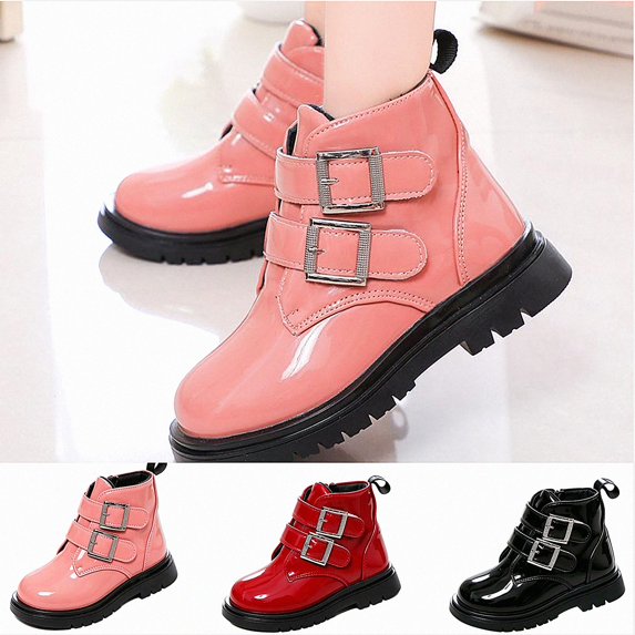 Viluyesy Girls Boots Patent Leather Chunky Non-Slip Double Buckle Comfortable Durable Side Zipper Easy On Off Shoes Pink Size 12.5Little Kids