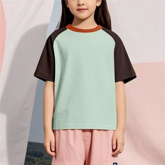 Viluyesy Girls Boys T-Shirt, Short Sleeve Crew Neck Cotton Color Block Summer Casual Raglan Tee Green 12T