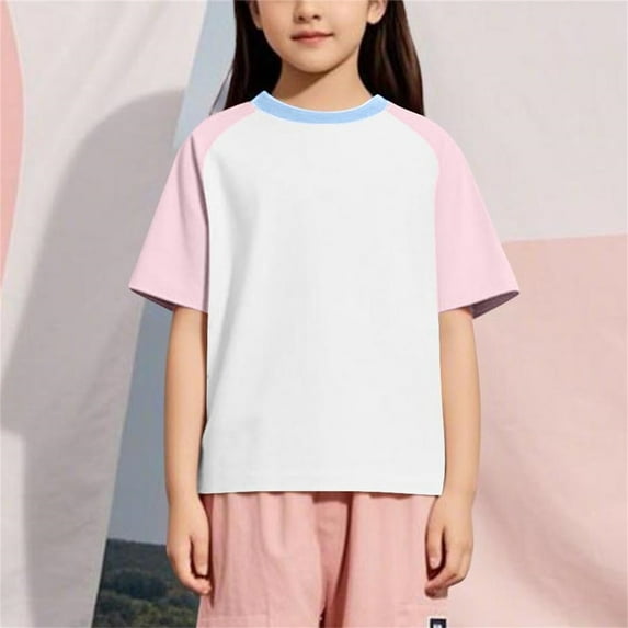 Viluyesy Girls Boys T-Shirt, Short Sleeve Crew Neck Cotton Color Block Summer Casual Raglan Tee Pink 9T