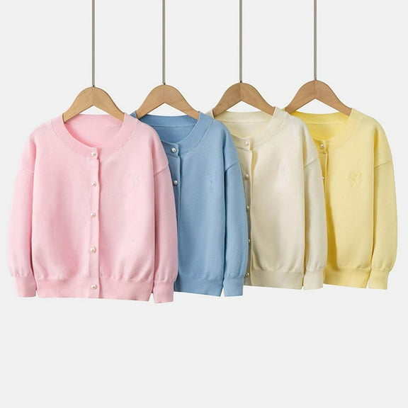 Viluyesy Girls Cardigan 6T, Long Sleeve Crew Neck Pearl Buttons Knitted Kids Uniform Cover Up Sweater Pink(3-8T)
