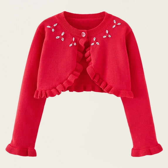 Viluyesy Girls Cardigan, Long Sleeve Ruffles Button Knitted Shrug Dress Cover Up Cropped Sweater Red 7T