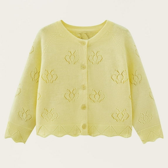 Viluyesy Girls Cardigan Sweater, Long Sleeve Shrug Crewneck Floral Hollow Out Knitted Sweater Tops Yellow 1T