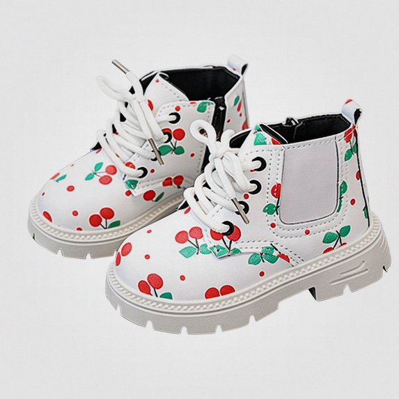 Viluyesy Girls Chelsea Ankle Boots Cherry Print Lace Up Elastic Casual Fashion Walking Shoes White Size 8.5 Toddler