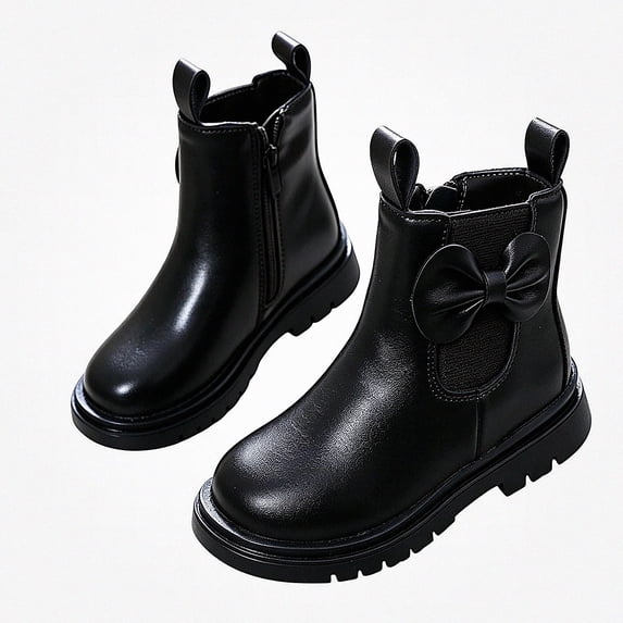 Viluyesy Girls Chelsea Ankle Boots, Faux Leather, Elastic Side Panels, Side Zipper, Bow Detail, Non Slip Lug Sole Black Size 1.5 Big Kids