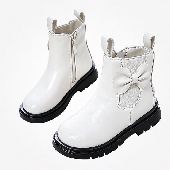 Viluyesy Girls Chelsea Ankle Boots, Faux Leather, Elastic Side Panels, Side Zipper, Bow Detail, Non Slip Lug Sole White Size 9.5 Little Kids